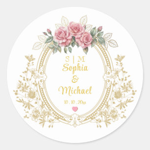 Floral Wedding Crest, Vintage Gold Monogram Frame Classic Round Sticker