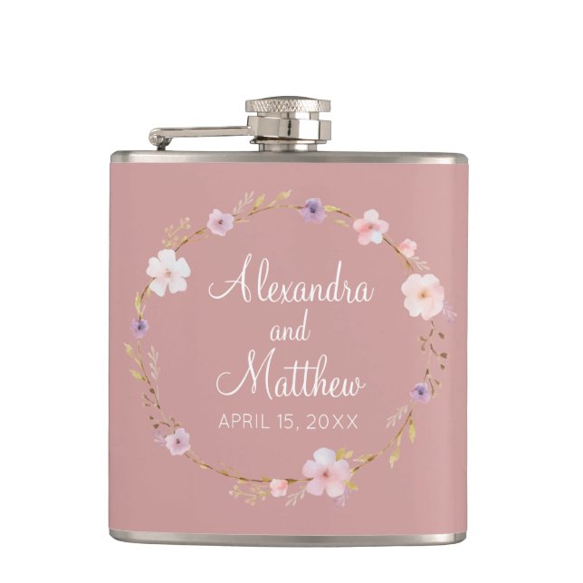 Floral Wedding Crown Hip Flask (Front)