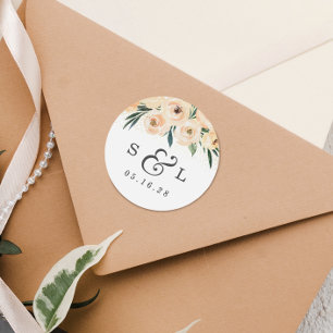 Floral Wedding Date & Couples Initials  Classic Round Sticker