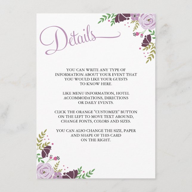 Floral Wedding Details/Information Card  |  Purple (Front)