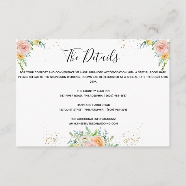 Floral wedding details insert card gold dusk pink (Front)