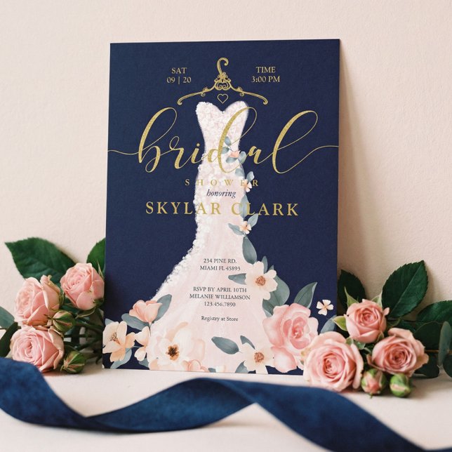 Floral Wedding Dress Navy Bridal Shower Invitation (Floral Wedding Dress Navy Bridal Shower Invitation)