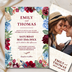 Floral Wedding, Elegant Burgundy & Navy Romantic Invitation
