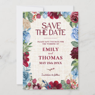 Floral Wedding, Elegant Burgundy & Navy Romantic Save The Date