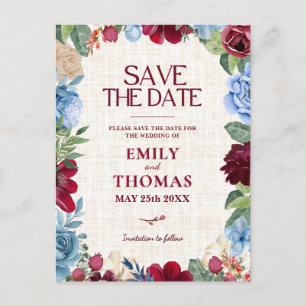 Floral Wedding, Elegant Burgundy Save The Date Postcard