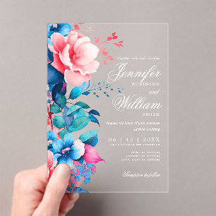 Floral Wedding Elegant Script Typography Blue Pink Acrylic Invitations