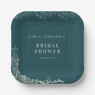Floral wedding gown bridal shower welcome sign paper plate