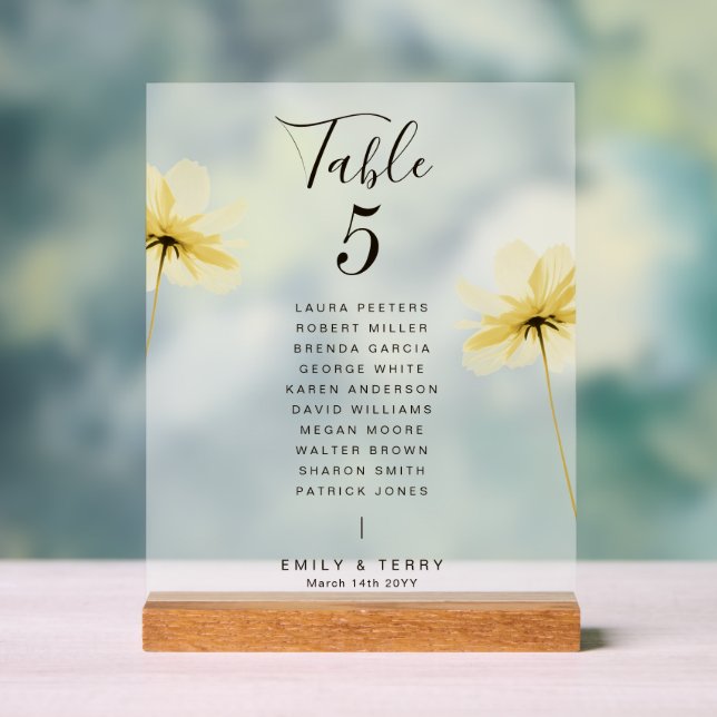 Floral Wedding Guest Names Table Number Frosted Acrylic Sign (Neutral)