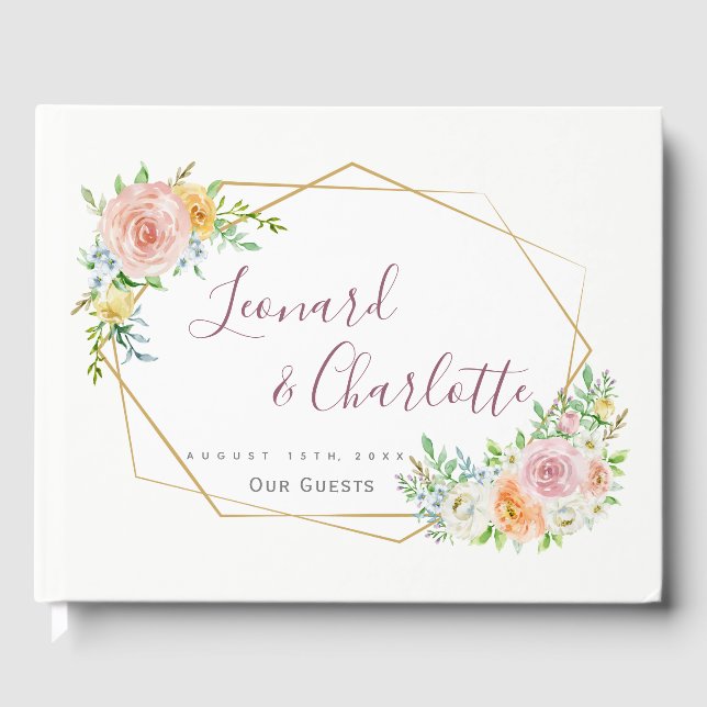 Floral Wedding Guests Book keepsake gold frame (Front)