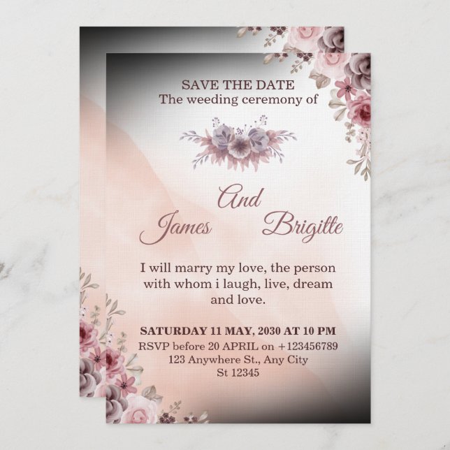 Floral Wedding Invitation CARD modern design (Front/Back)