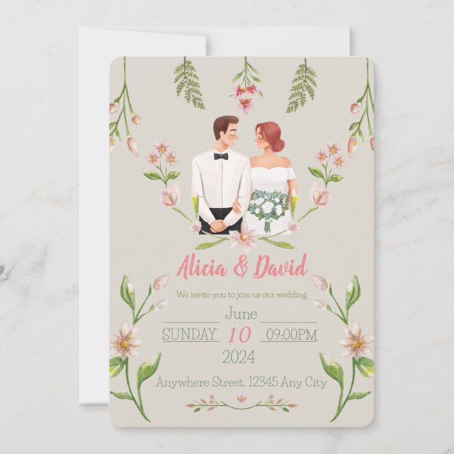 Floral Wedding Invitation with Bride and Groom (Front)