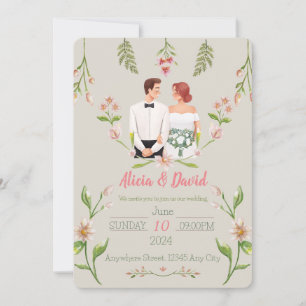 Floral Wedding Invitation with Bride and Groom