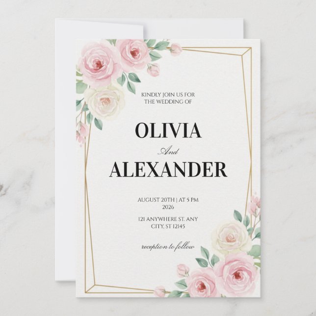 Floral Wedding Invitations Classic Soft Rose (Front)