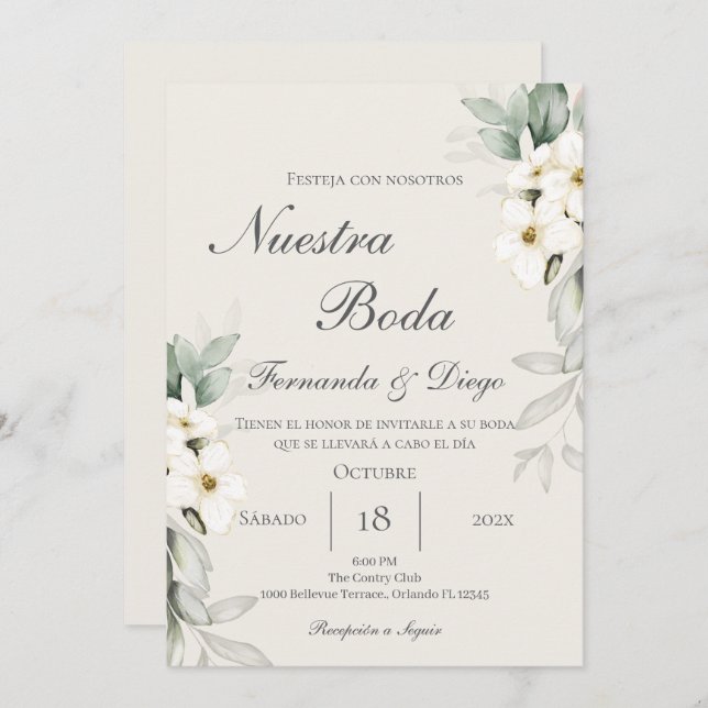 Floral Wedding invite in Spanish (Front/Back)