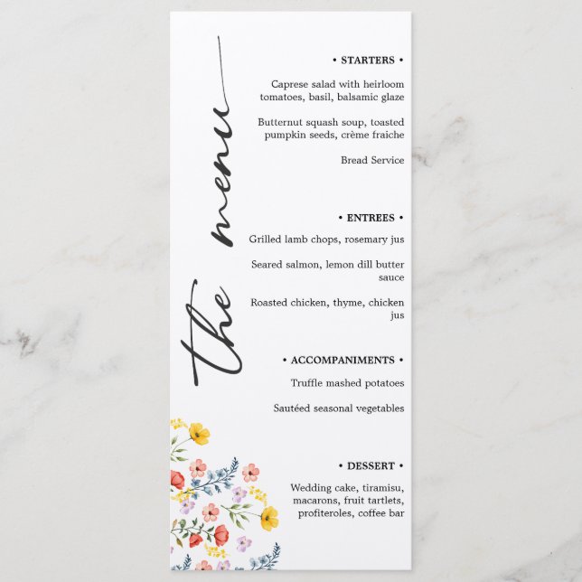 Floral Wedding Menu with Minimalist Vertical Scrip (Front)