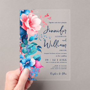 Floral Wedding Modern Script Typography Blue Pink Acrylic Invitations