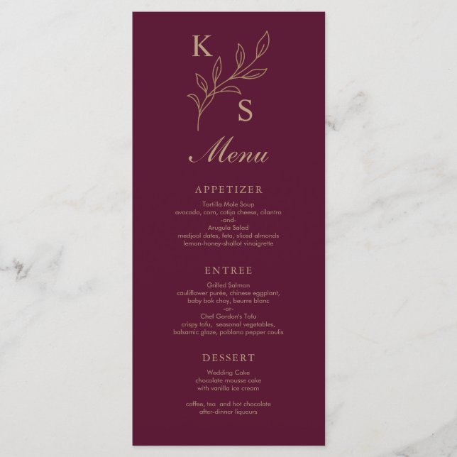 Floral Wedding Monogram Minimalist  Menu (Front)