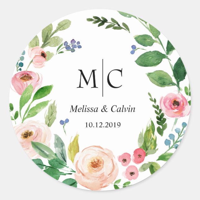 Floral Wedding Monogram Sticker / Label (Front)