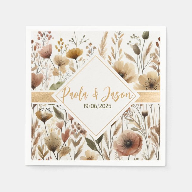 Floral wedding napkin with gold ribbon (Front)