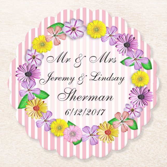 Floral Wedding Personalized Custom Paper Coaster (Front)