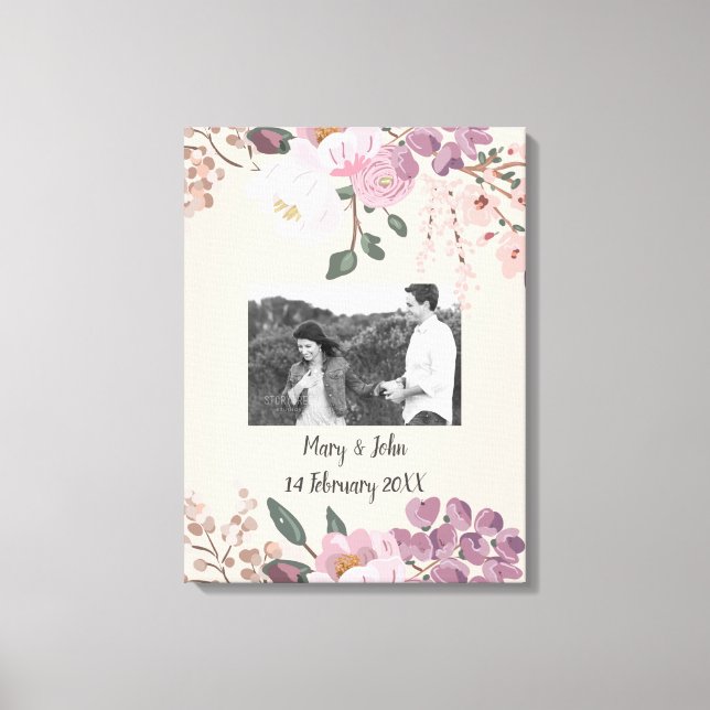 Floral Wedding photo custom text Canvas Print (Front)