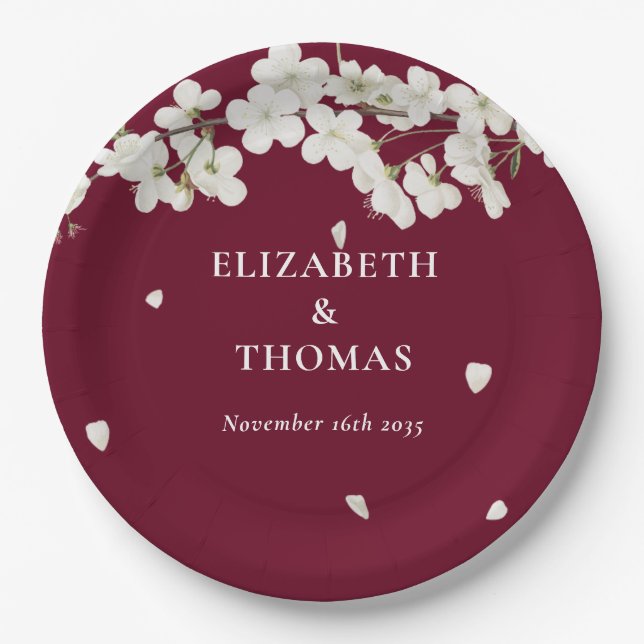 Floral Wedding Pretty White Blossom Burgundy Paper Plate (Front)