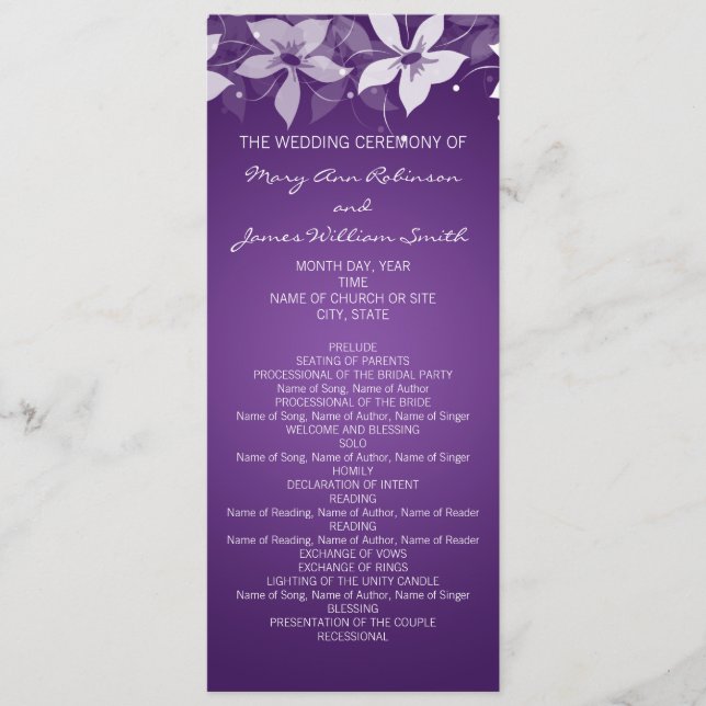 Floral Wedding Program Exotic Blooms Purple (Front)