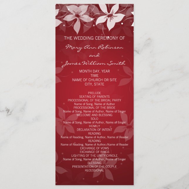 Floral Wedding Program Exotic Blooms Red (Front)