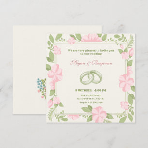 Floral wedding ring pink green pastel colour invitation