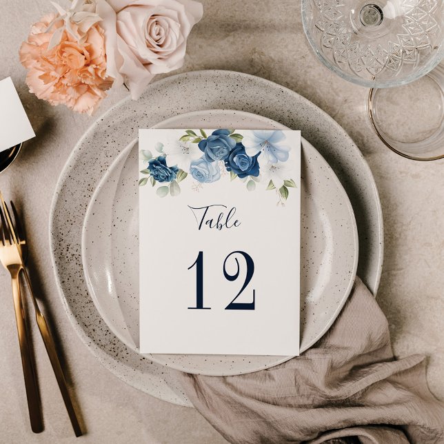 Floral Wedding Table Number 12 Seating Plan (Dusty Blue Floral Wedding Reception Table Number Cards)