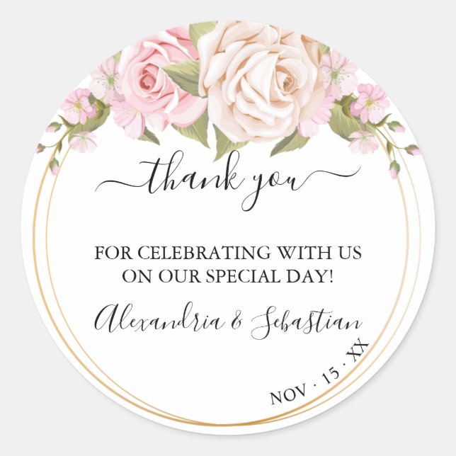 Floral Wedding Thank You Classic Round Sticker (Front)