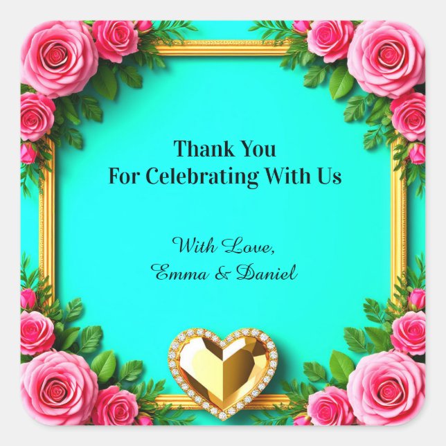 🌹 Floral Wedding Theme On Turquoise 💐 Square Sticker (Front)