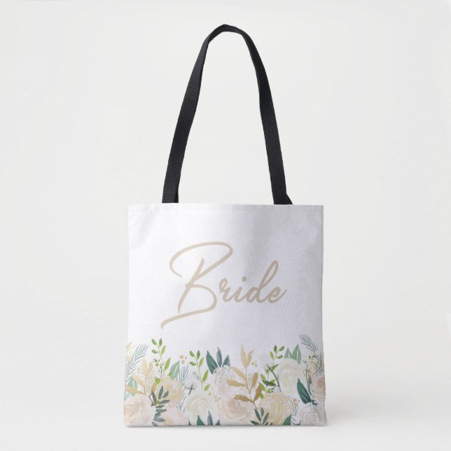 Floral Wedding Tote White BRIDE Bag (Front)