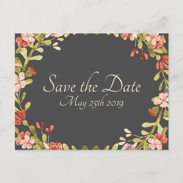 Floral Wedding Vows Save The Date Postcard Dk Grey (Front)