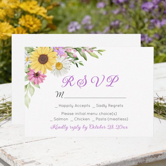 Floral Wedding Wildflower Sunflower Daisy RSVP Card (Creator Uploaded)