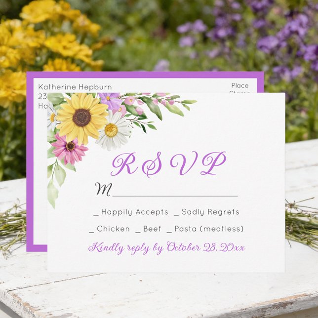 Floral Wedding Wildflower Sunflower Daisy RSVP Postcard (Creator Uploaded)