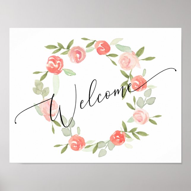 Floral Welcome Sign - wedding shower Peach Coral (Front)