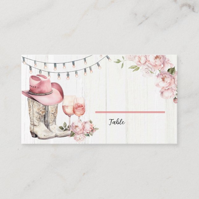Floral Western Boots and Bubbly Place Card (Front)
