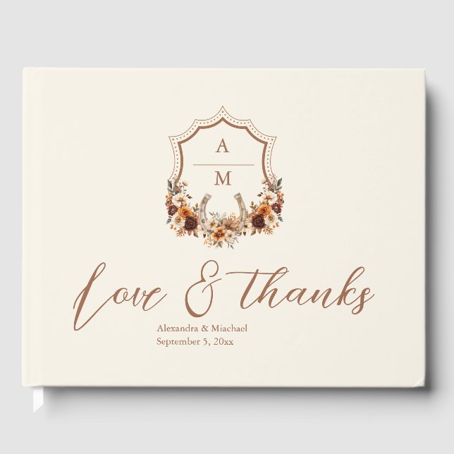 Floral Western Crest Monogram Wedding  Guest Book (Front)