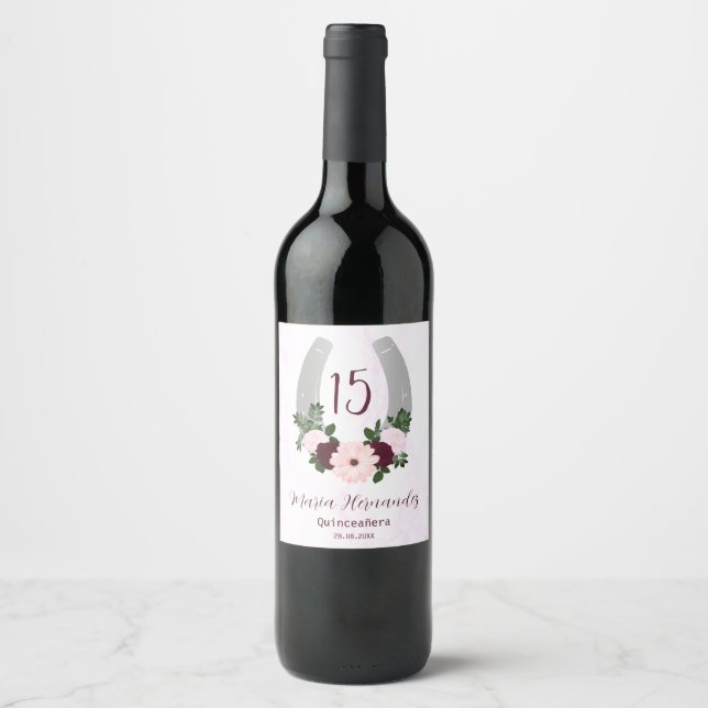 Floral Western Horseshoe Quinceanera Wine Label (Front)