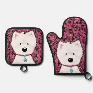 Floral Westie Art Oven Mitt & Pot Holder Set