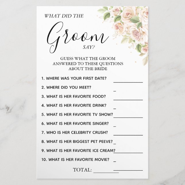 Floral What groom say Bridal shower game card  (Front)