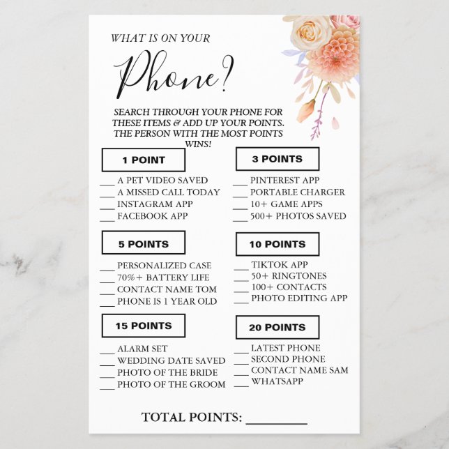 Floral What is on your phone Shower game card (Front)
