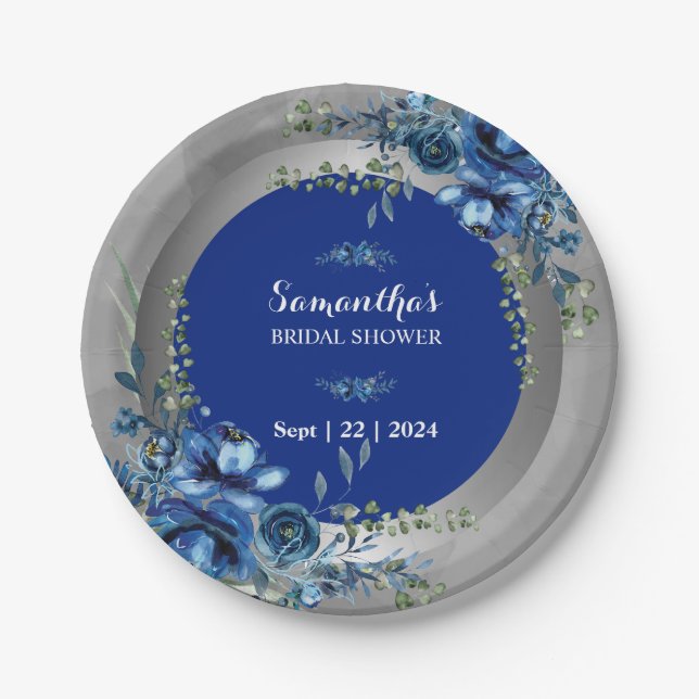 Floral Whispers: Silver-Touched Bridal Shower Paper Plate (Front)