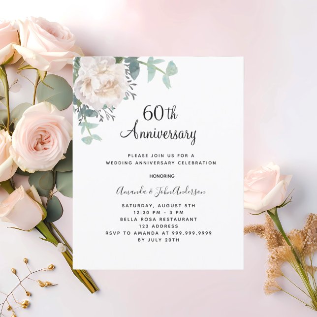 Floral white 60th wedding anniversary invitation (Creator Uploaded)