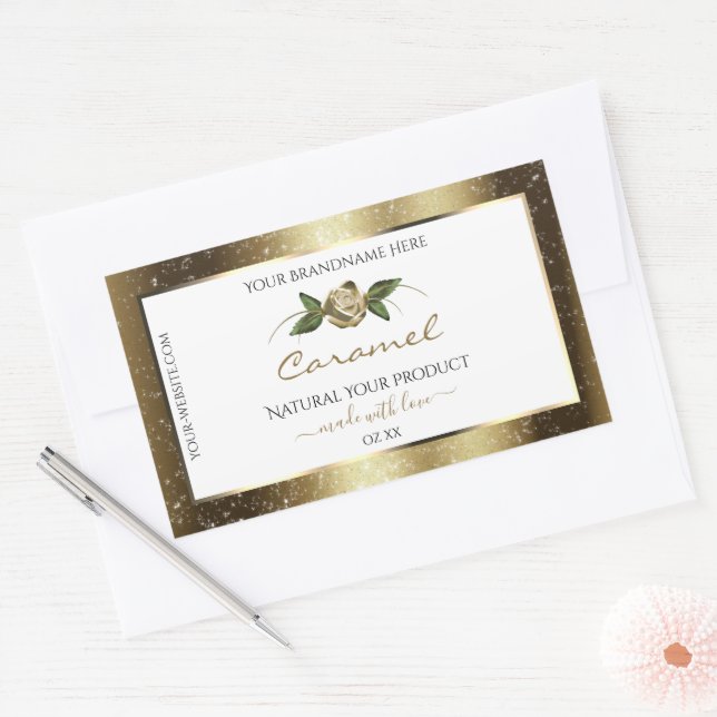 Floral White and Gold Brown Glitter Product Labels (Envelope)