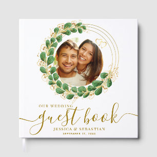 Floral White and Gold Custom Photo Wedding  Guest Book