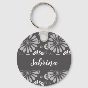 Floral white and grey keychain