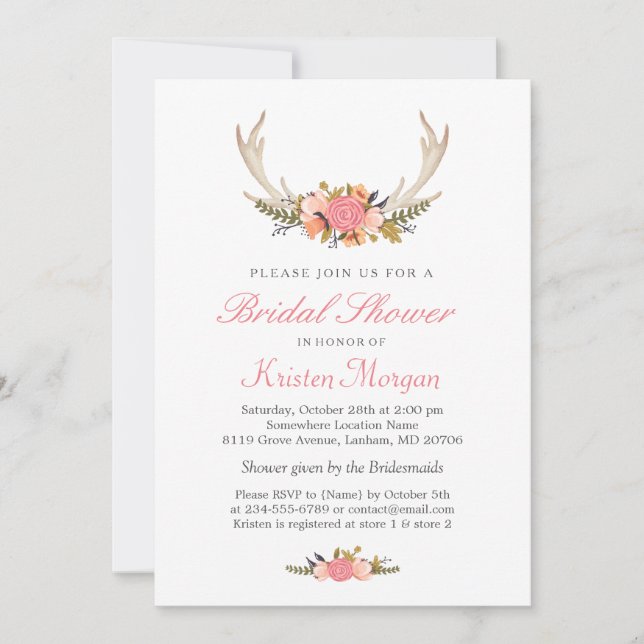 Floral White Antler Boho Chic Bridal Shower Invitation (Front)