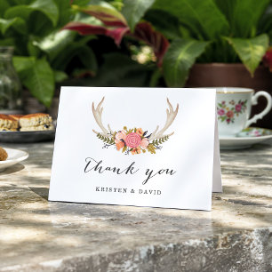 Floral White Antler Chic Boho Style Thank You Card
